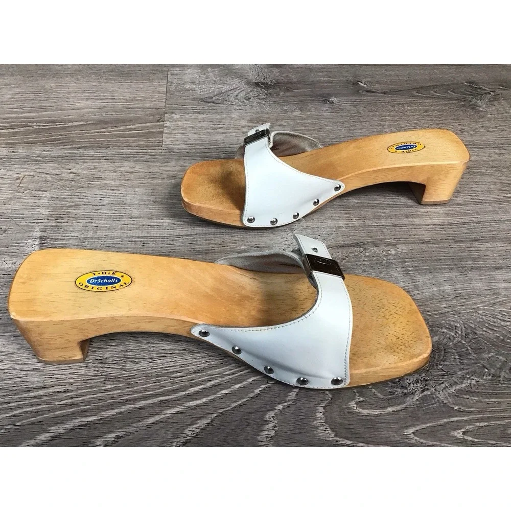 DR SCHOLL'S Original Wooden Sandal Women's Size 10 Slide SPECIAL White Leather